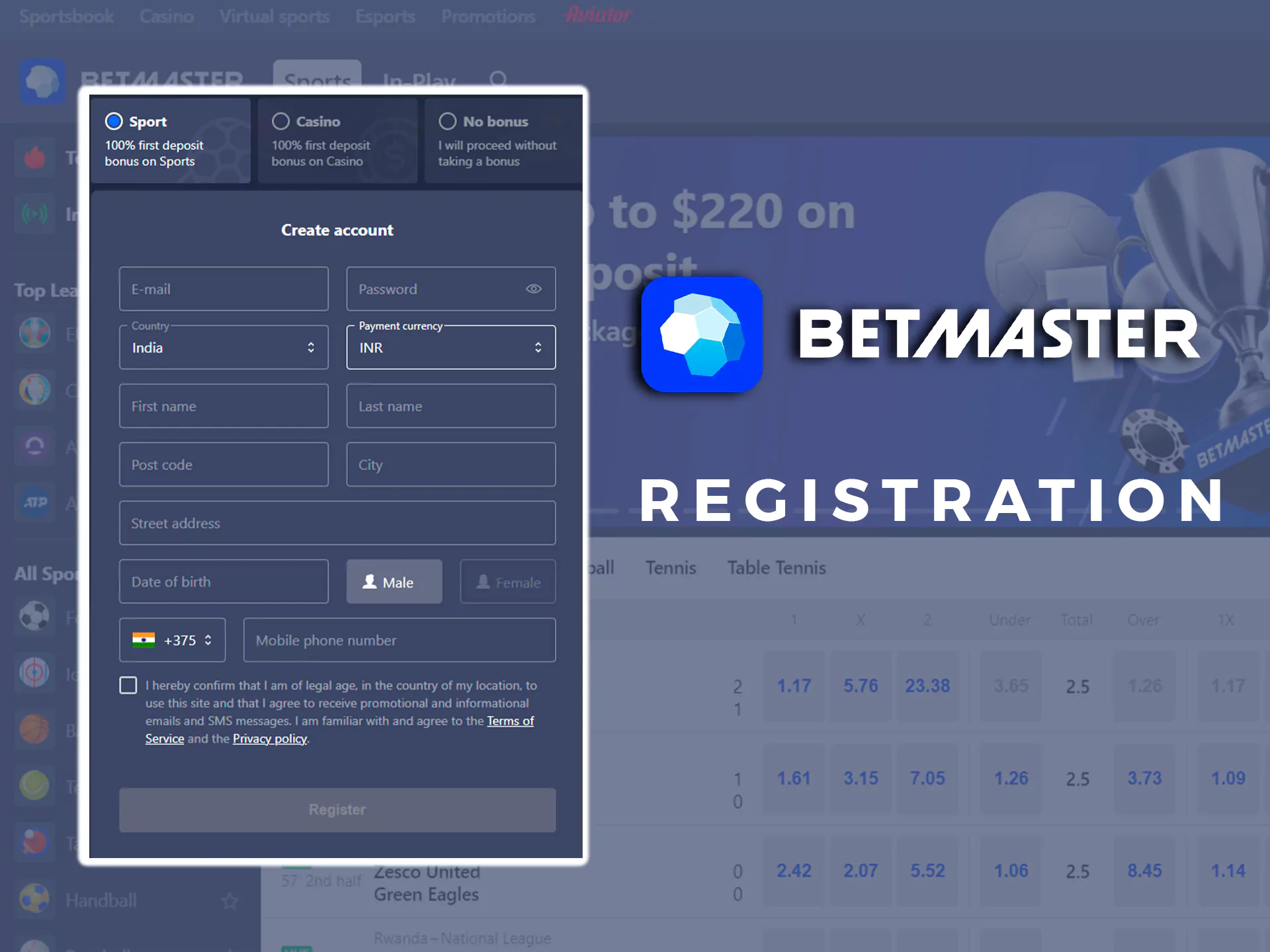 Sign up for Betmaster and get your welcome bonus for betting.